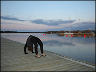 Nancy in a Backbend, with Apsara in the Background
